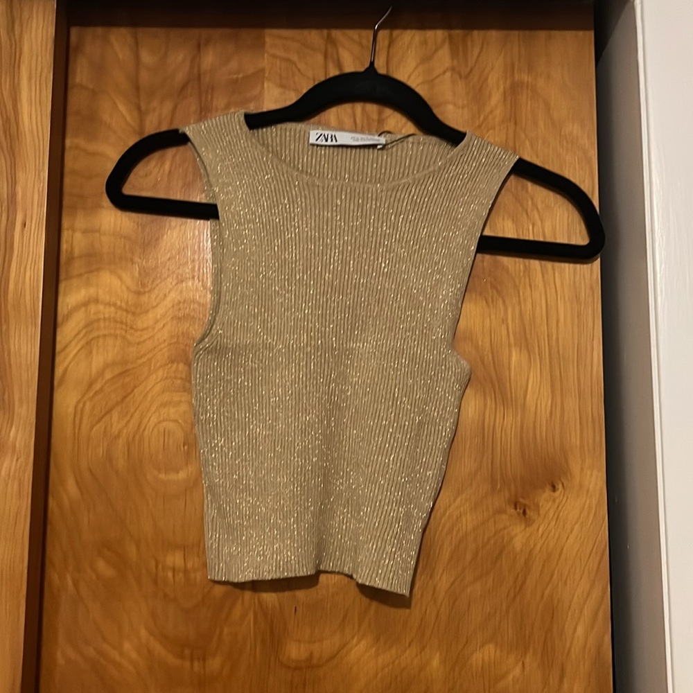 Zara Gold Metallic Ribbed Sleeveless Crop Top